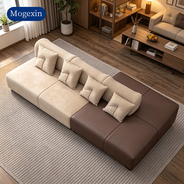 Modern Two-Tone Modular PU Leather Upholstered Eco-Friendly Durable Three Seat Sectional Sofa with Cushions for Living Room