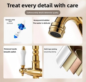 Amerikanische Moderne Messing Einloch-Küchenarmatur mit 360° Drehfunktion und Doppelgriff für Warm- und Kaltwasser in Gold - Product Image 3