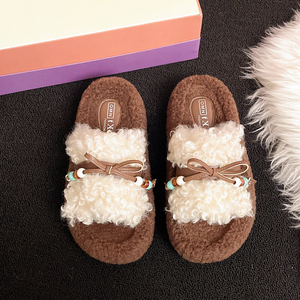 Pantofole da donna calde e morbide in pile con plateau, fiocco in pelle e decorazioni di perline, sandali aperti in punta per l'inverno e la casa - Product Image 3