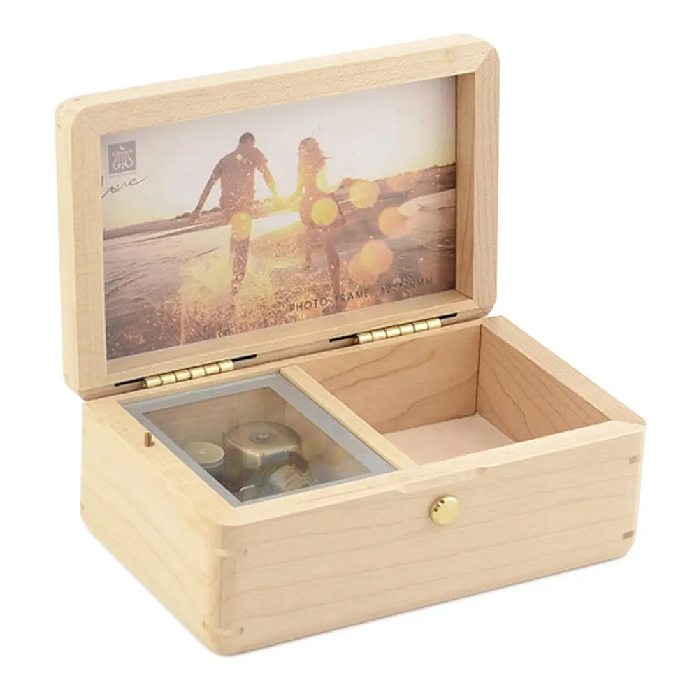 Caixa de música vintage de madeira, caixa de jóias vintage de madeira sólida, armazenamento de memórias personalizado