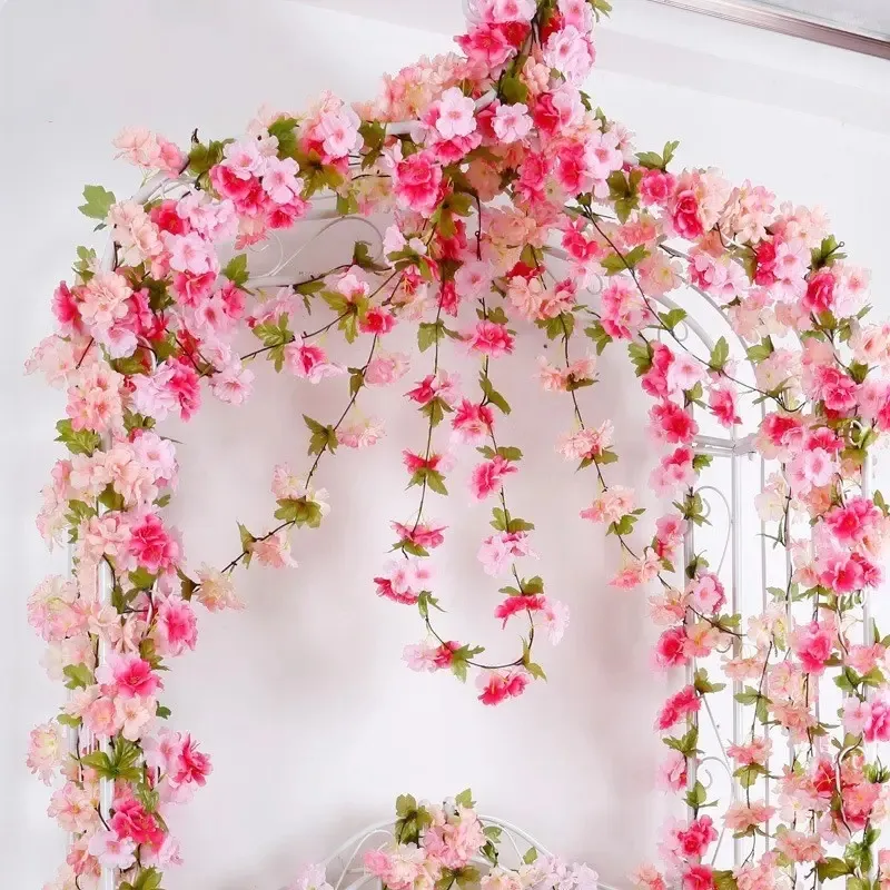 RTS Wholesale Artificial Wreath Plants Cherry blossoms Garland Vines Wedding Party Home Hanging Flower Decoration
