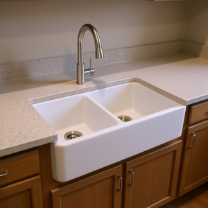 Fregadero de cocina de cerámica blanca de doble cuenco estilo rústico con delantal protector, 32 pulgadas, diseño rectangular fácil de limpiar - Product Image 2