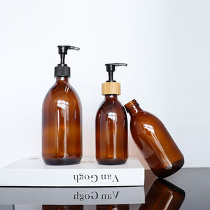 Frasco de vidrio ámbar grueso Dispensador de desinfectante de manos <span class=keywords><strong>Baño</strong></span> con bomba de acero inoxidable negro mate 12 oz Botella redonda Boston transparente - Product Image 2