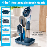 Ensemble de brosses à vaisselle avec distributeur de savon et 4 têtes de rechange, brosse de nettoyage de cuisine avec distributeur de savon