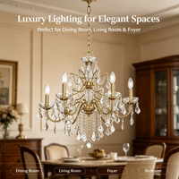 Lustre en cristal à 5 lumières, lampe suspendue en métal doré avec prismes en cristal transparent, luminaire suspendu classique pour salon