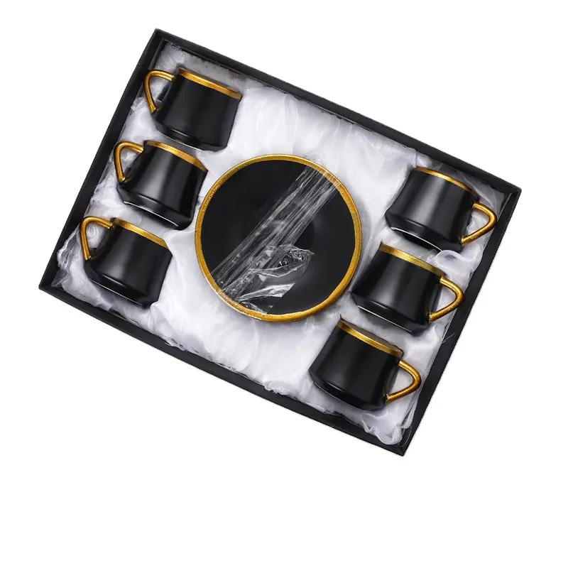 Vintage yüksek kaliteli 100ml siyah emaye 12 adet türk arapça kahve fincanı tabağı hediye seti altın jant ile