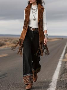 Vestes en daim pour femmes printemps & automne Couleur unie Bordure à franges <span class=keywords><strong>Mi</strong></span>-<span class=keywords><strong>longue</strong></span> Rétro Western Cowgirl <span class=keywords><strong>Sans</strong></span> manches Décontractées - Product Image 4