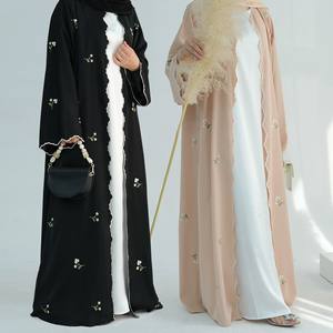 Abbigliamento Islamico Nuova Abaya 2025 Lussuosa in <span class=keywords><strong>Nida</strong></span> con Ricamo Floreale su Tutta la Superficie Cardigan Abaya Modesta Abaya Aperta Abito Musulmano da Donna - Product Image 1