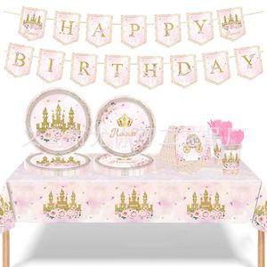 Ensemble de vaisselle jetable sur le thème du château floral, nappe, assiettes, couverts, décoration d'anniversaire princesse rose, 2-4 ans - Product Image 1