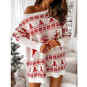 Factory Custom New Frauen Winter Strick Loose Fit Weihnachts pullover Pullover Kleid