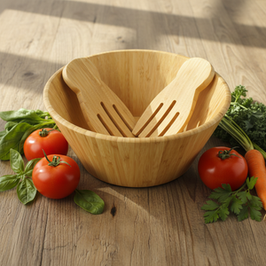 Tazón grande de cocina para preparar alimentos de <span class=keywords><strong>12</strong></span> pulgadas, ensaladera de bambú ecológica hecha a mano con utensilios de servidor - Product Image 1
