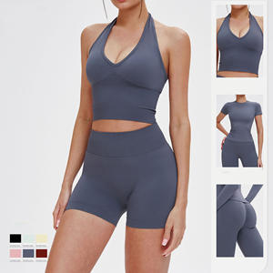 Ensemble de vêtements de sport et de yoga pour femmes en 5 pièces, logo personnalisé, ceinture réversible, pantalon taille haute, chemises à manches longues avec fermeture éclair, sans couture - Product Image 5