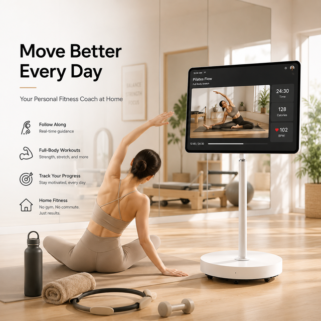 Portable Touch Screen Monitor With Wheels Adjustable Height Smart Display for Video Meeting Online Learning and Fitness