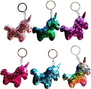 LEMON Sequins Colorful Rainbow Unicorn Horn Keychain Purse Car Pendant Horse Pattern Key Ring Party Supplies Decorations