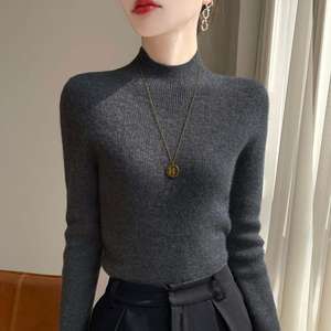 Camisa Base de punto de Cuello medio alto sin costuras refinada de una línea ajustada para mujer, cárdigan de ajuste fino para adelgazar interior sólido de otoño - Product Image 3