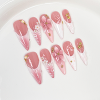 TSZS Faux Ongles à Presser Faits Main Longs Stiletto French avec Breloques 3D Papillon Fleur Métalliques Réutilisables Vente en Gros