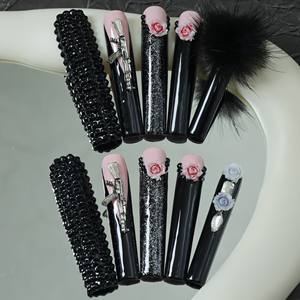 Uñas acrílicas artesanales de alta gama al por mayor, uñas postizas cuadradas de cobertura completa, con pedrería negra, pompones, personalizables. - Product Image 1