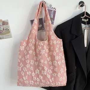 Hada diseño Simple personalizado en relieve impreso flor encaje lona algodón Floral verano bolsos Tote compras bolsos de hombro