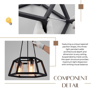 3 <b>Light</b> Kervane Tapered Pavilion Pendant <b>Light</b>, Matte Black Open Frame Glass Hanging Lamp - Product Image 2