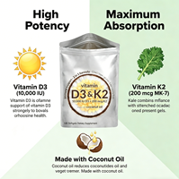 Gélules de Vitamine D3 K2 Premium 10000 UI 200 µg avec Huile de Coco, 180 Gélules pour le Soutien Immunitaire et la Santé Osseuse des Adultes, Sans OGM