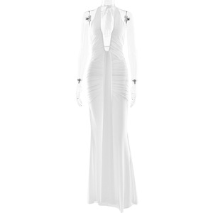 Vestido de Noche Largo con Cuello Halter, Escote en V Profundo, Espalda Descubierta, Cola de Pez, Cintura Natural, Elegante, Color Sólido, Formal - Product Image 5