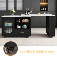 Chariot de bar compact à roulettes, îlot de cuisine avec plateau extensible en marbre blanc, armoire en verre, étagères de rangement, tiroirs et roulettes
