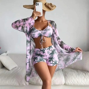 Verano playa String Bikini traje de baño ropa de playa Mujer traje de baño playa cintura alta cubrir conjunto de 3 piezas Vestido de playa - Product Image 1