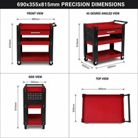 Chariot utilitaire portable à 3 plateaux avec tiroir de rangement et poteaux arrondis de sécurité, chariot de service roulant homologué CE pour atelier