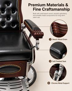 Fauteuil de Barbier Vintage de Luxe Robuste Hydraulique Inclinable Pliable Pivotant à 360 Degrés en Cuir Noir Capitonnée - Product Image 4