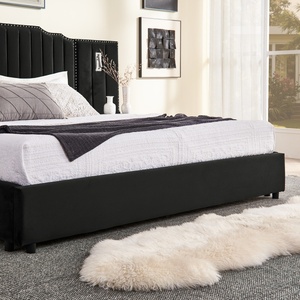 Comodino Moderno di Lusso 2026 in Velluto Nero con Design <span class=keywords><strong>a</strong></span> Righe Verticali, Struttura Letto Imbottita per Camera da Letto - Product Image 3