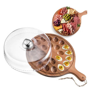 Bandeja para huevos de madera maciza con cubierta acrílica, tabla redonda para servir con asa y compartimentos para huevos rellenos y charcutería - Product Image 1