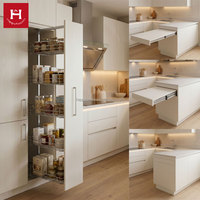 HAPPY HOUSES Ensemble d'armoires de cuisine modernes sur mesure en L, blanc, avec table coulissante, garde-manger et bar à petit-déjeuner pour projets d'appartements
