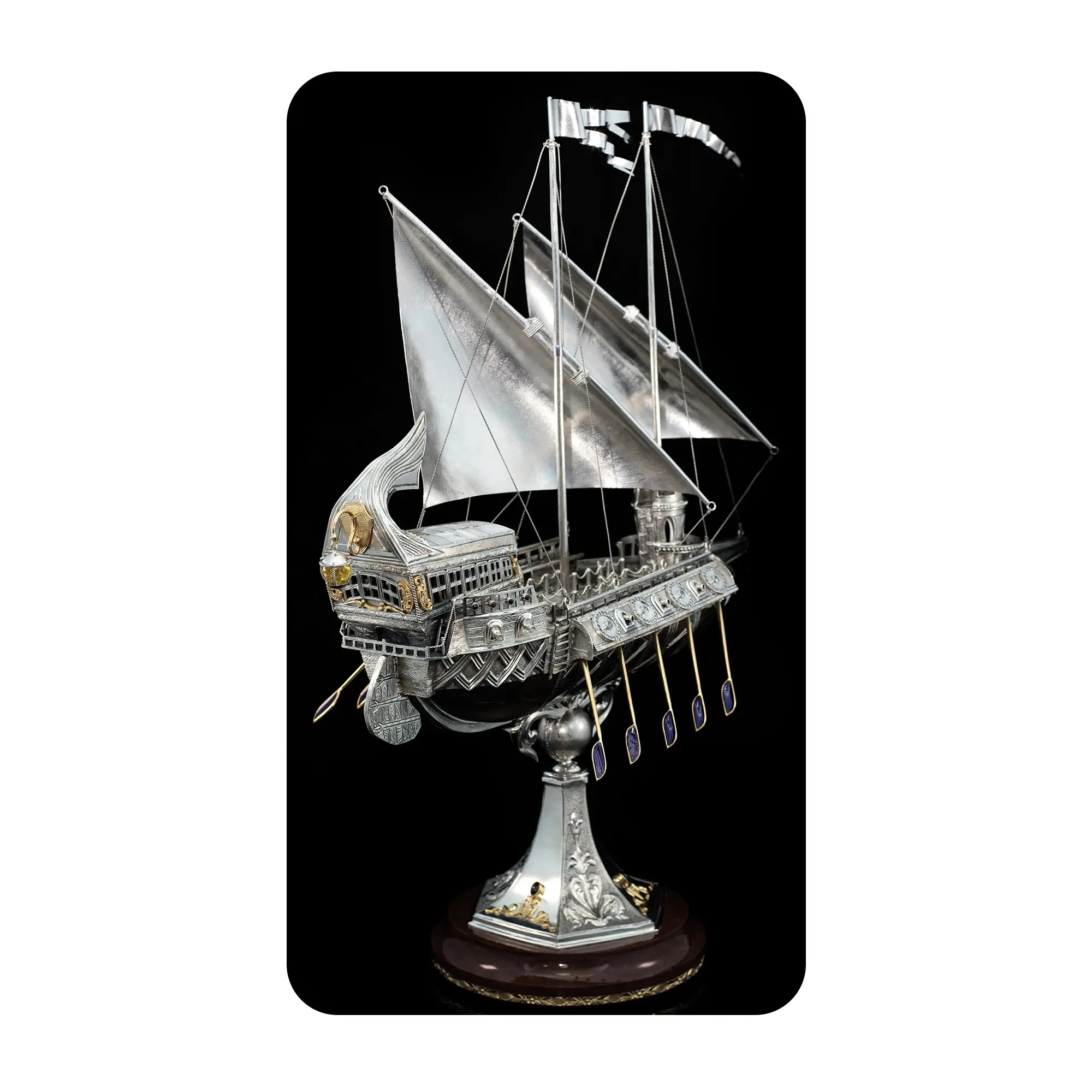 Antike griechische Segelschiff-Statue (Schmuck-Miniatur), aus Sterling silber 925, Topas/Granat/Bernstein-Dekor, tolle Geschenk idee