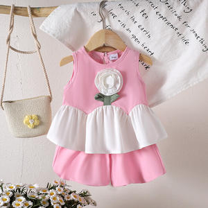 2025 da bambina senza maniche camicia rosa fiori bianchi + Bloomers 2 pezzi Set carino - Product Image 2