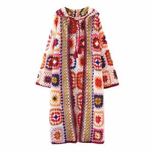 Wholesale 2021 Spring Autumn Fashion New Casual Loose Handmade Crochet Hooded Long Sleeve Ethnic Jacquard Long Sweater Jacket