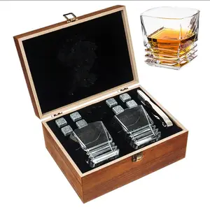 奢华水晶威士忌玻璃建成优质威士忌酒杯套装 2pcs杯垫威士忌玻璃结石木箱