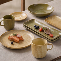 Vaisselle en céramique de style japonais en porcelaine avec assiette rectangulaire personnalisée de couleur brun verdâtre réactif, bols à salade ronds, tasse à café