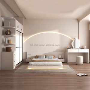 Ensembles de meubles de chambre modernes et abordables : lit flottant avec armoire, coiffeuse et tables de chevet, idéal pour les studios. - Product Image 1