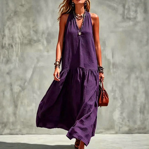 V Neck Sleeveless Solid Color <b>Dress</b> Elastic Waist Loose Fit Casual <b>Maxi</b> <b>Dress</b> For Women Black And <b>Purple</b> Smlxlxxl - Product Image 2
