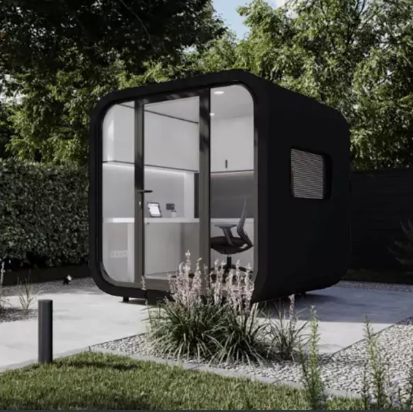 Cápsula de oficina negra para patio trasero, personalizada para jardín, casa, oficina, espacio de trabajo privado con baño