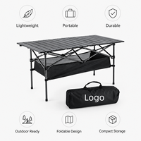 Table de camping pliante en aluminium robuste avec logo personnalisable, plateau roulant à lattes, design moderne pour pique-nique et barbecue, rangement extérieur