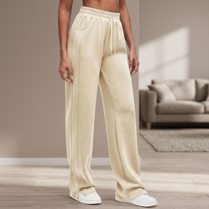 Pantalones Deportivos de Cintura Alta, Pierna Ancha, Forro Polar Cálido, Cierre con Cordón, Color Sólido, Casuales, Largos, Verano, 160g, Calidad Premium - Product Image 1