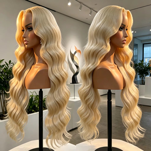 Pelucas rubias sin pegamento con encaje frontal 613 <span class=keywords><strong>Platino</strong></span> 13X4 HD Transparente, 200% de densidad, pre-decoloradas, color miel ceniza, de fábrica. - Product Image 1