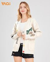 Cardigan long à manches longues en maille torsadée pour femme, col en V, boutonné, brodé, mélange de laine, pull d'hiver, manteau, vêtement d'extérieur