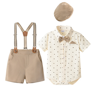 Catpapa Vente en gros Ensemble de cérémonie 4 pièces pour bébés garçons : Body à pois, Short à bretelles kaki, Nœud papillon, <span class=keywords><strong>Béret</strong></span> - Product Image 1