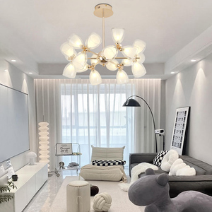 Lámpara Colgante Minimalista de Estilo Crema con Gotas de Cristal, Múltiples Cabezales, Marco de Metal Dorado, Moderna, para Sala de Estar, Villa, Salón - Product Image 2