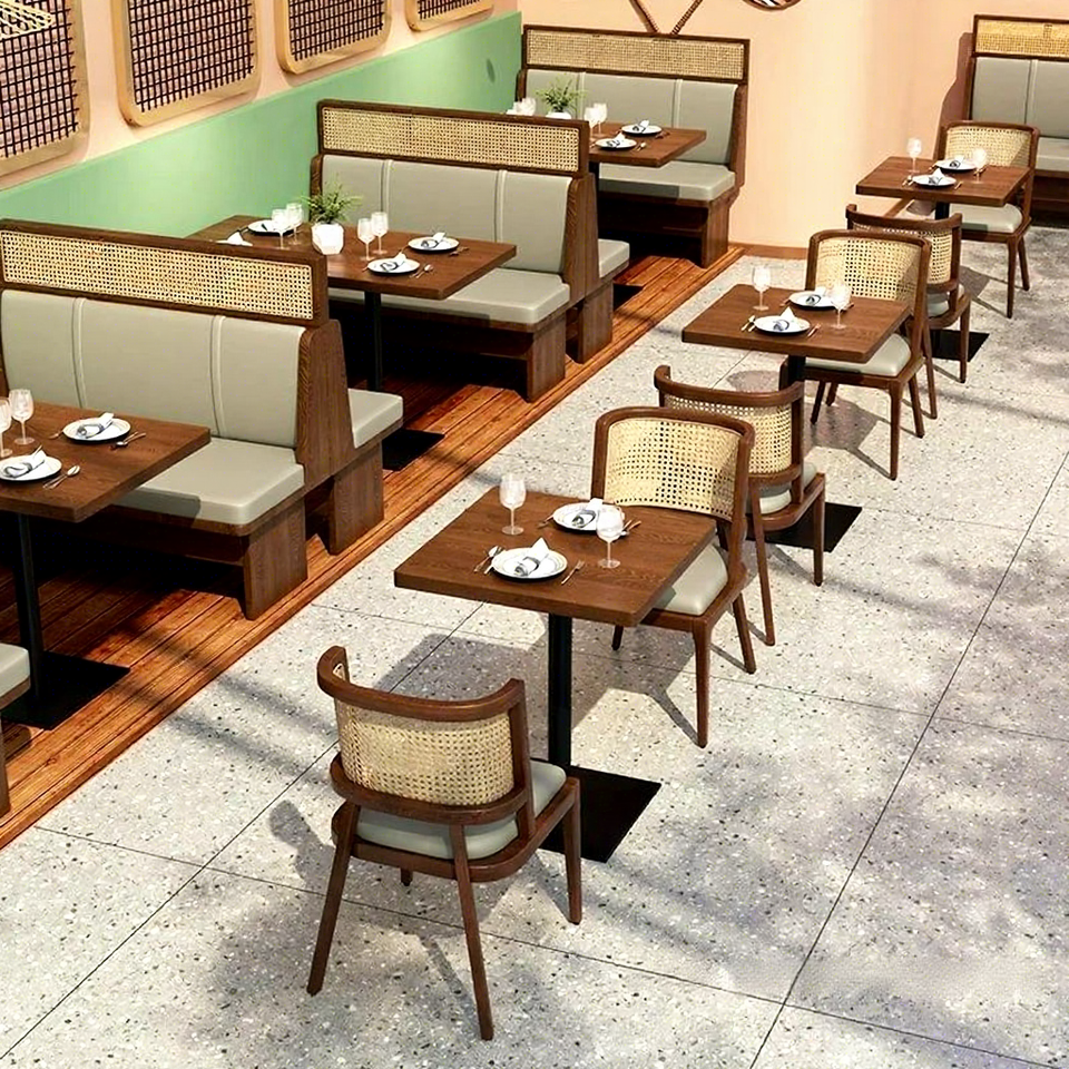 Long Table Setting Modern Solid Wood Restaurant Furniture Set Rattan Dining Chairs Table ...