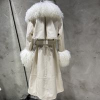 Veste en cuir rose matiné avec col en fourrure, veste en cuir véritable pour femme, longue veste en cuir et fourrure