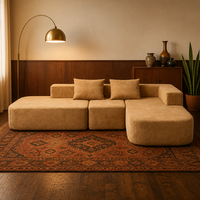 Canapé modulaire en daim camel avec chaise longue, garnissage en éponge à profil bas, tissu écologique durable pour salon Japandi