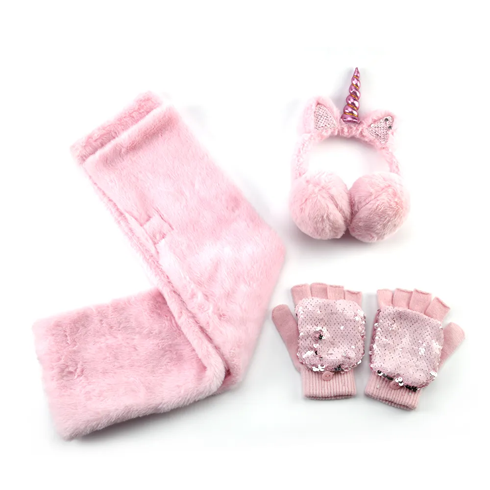 Wholesale High Quality pink color Short Plush Winter Hat Earmufft and Scarf Set For Children